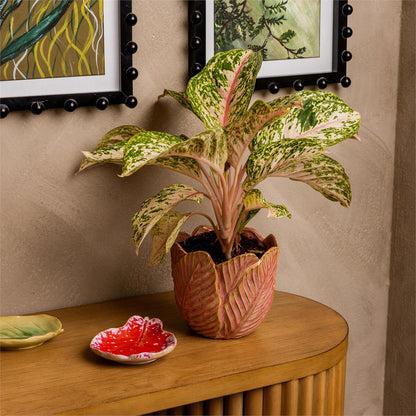 Planter - Pink Leaves, Reactive Glaze