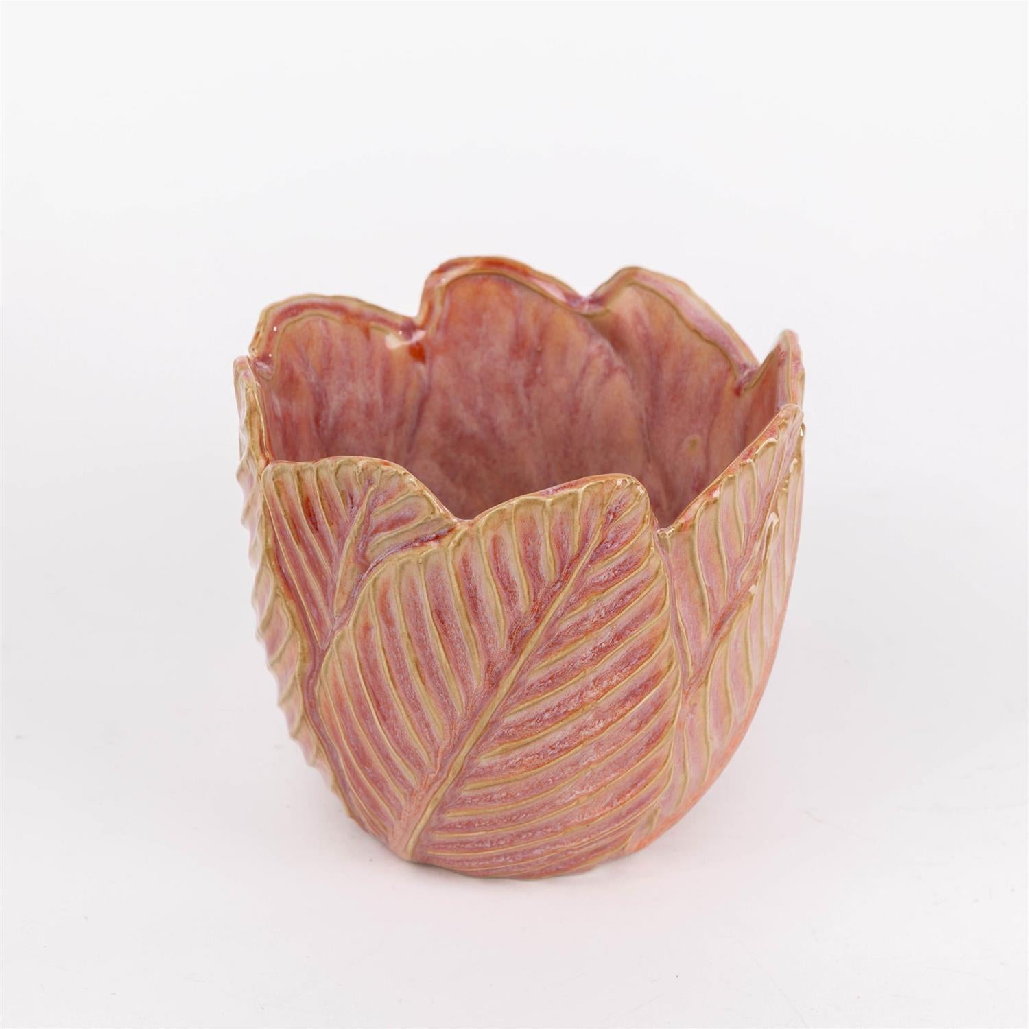 Planter - Pink Leaves, Reactive Glaze