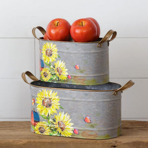 SUNFLOWERS AND BUTTERFLIES - OVAL TINS WITH HANDLES