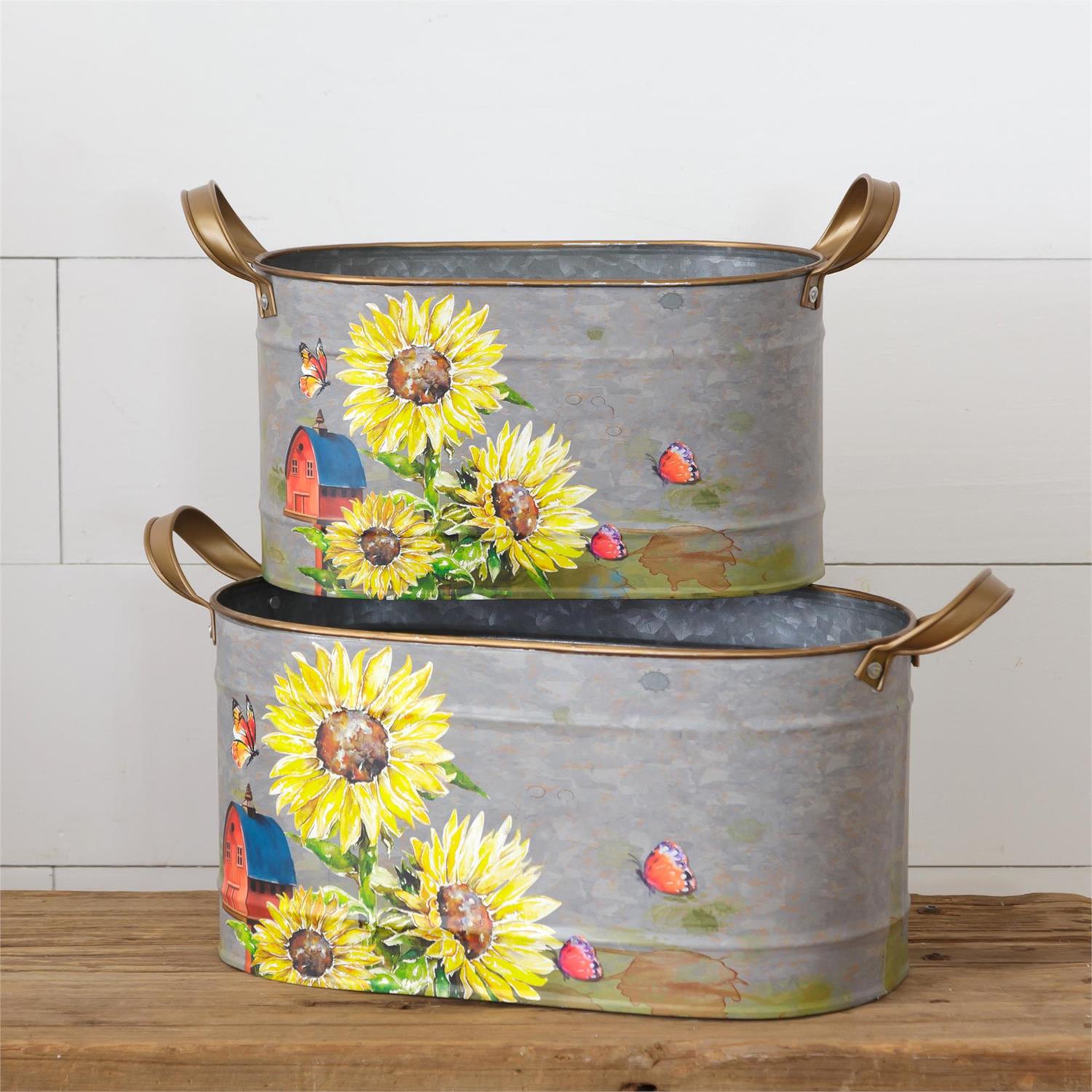 SUNFLOWERS AND BUTTERFLIES - OVAL TINS WITH HANDLES