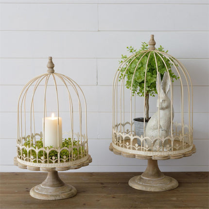 Antique White Birdcage on Stand, Set of 2