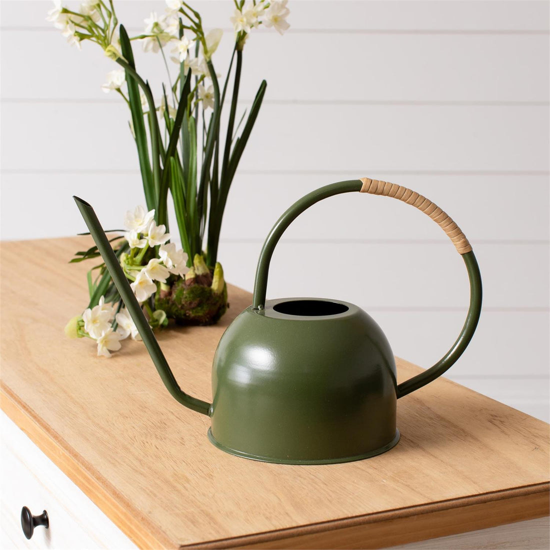 Green Enamel With Rattan Watering Can