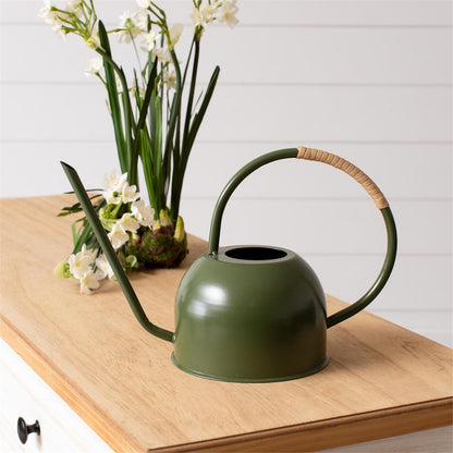 Green Enamel With Rattan Watering Can