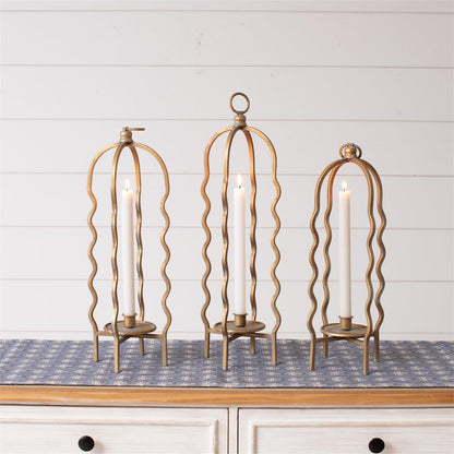 Candle Holder - Wavy Cage, Gold Finish (Set Of 3)