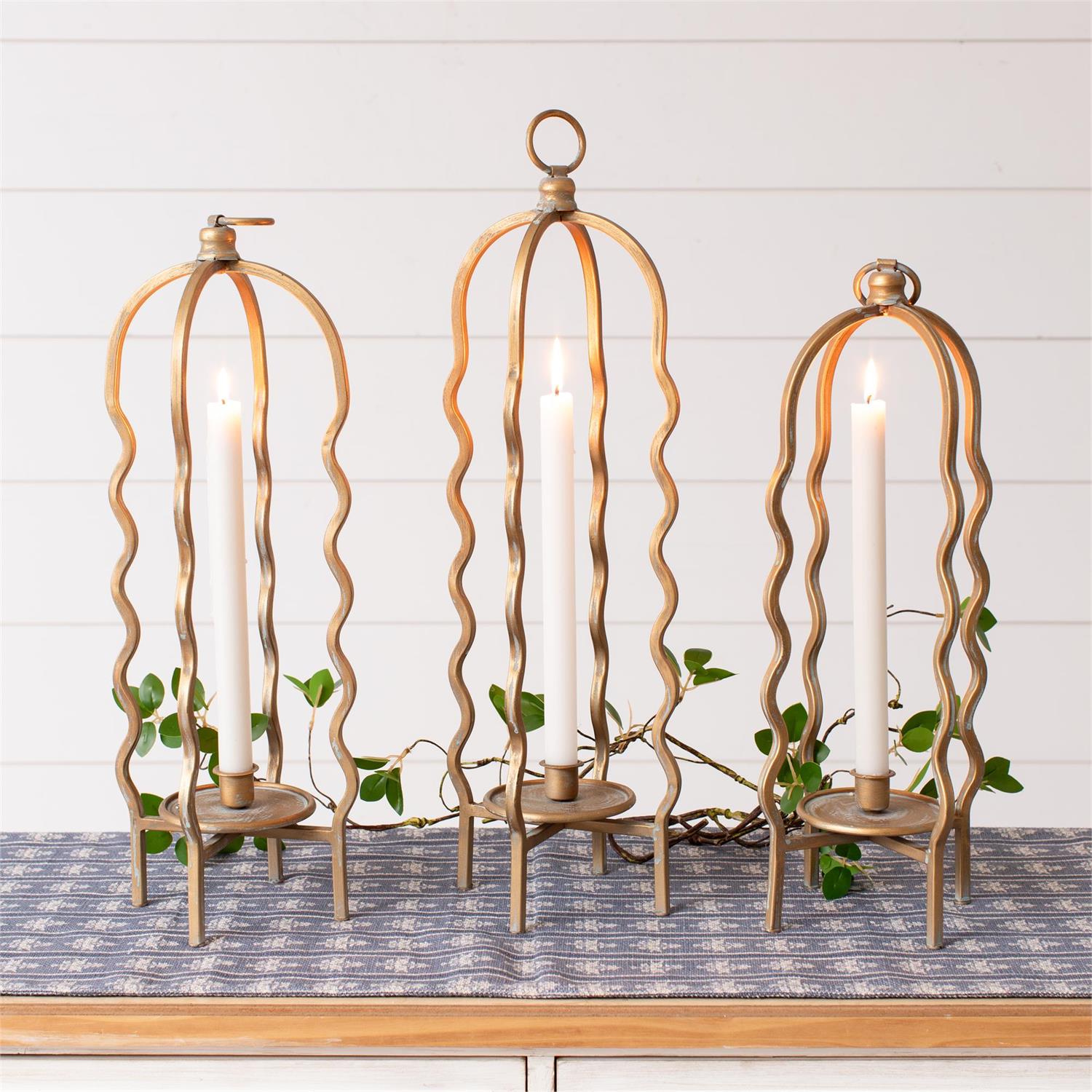 Candle Holder - Wavy Cage, Gold Finish (Set Of 3)