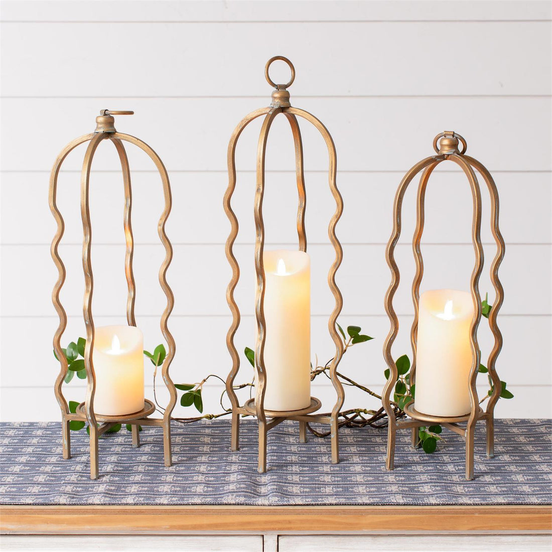 Candle Holder - Wavy Cage, Gold Finish (Set Of 3)