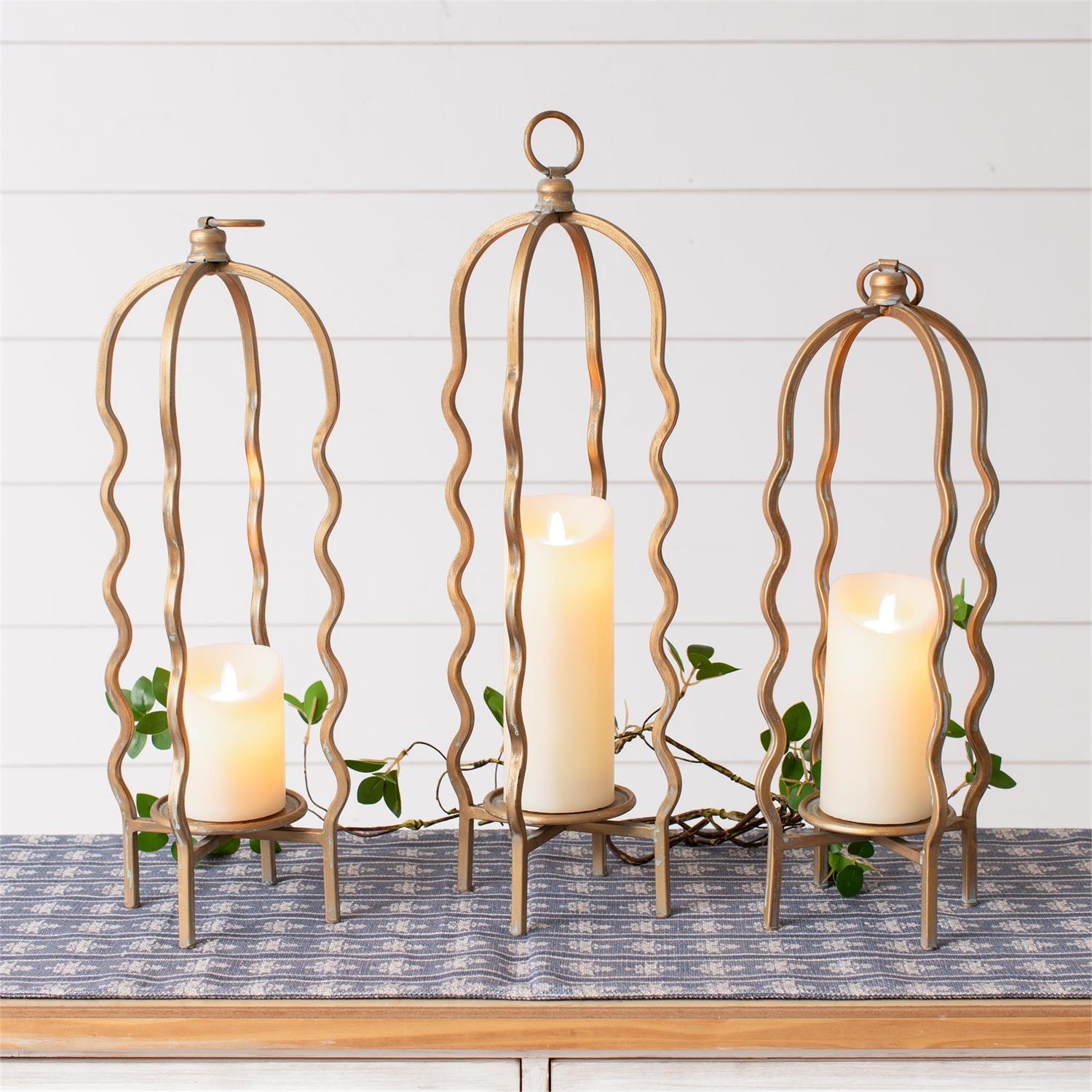 Candle Holder - Wavy Cage, Gold Finish (Set Of 3)
