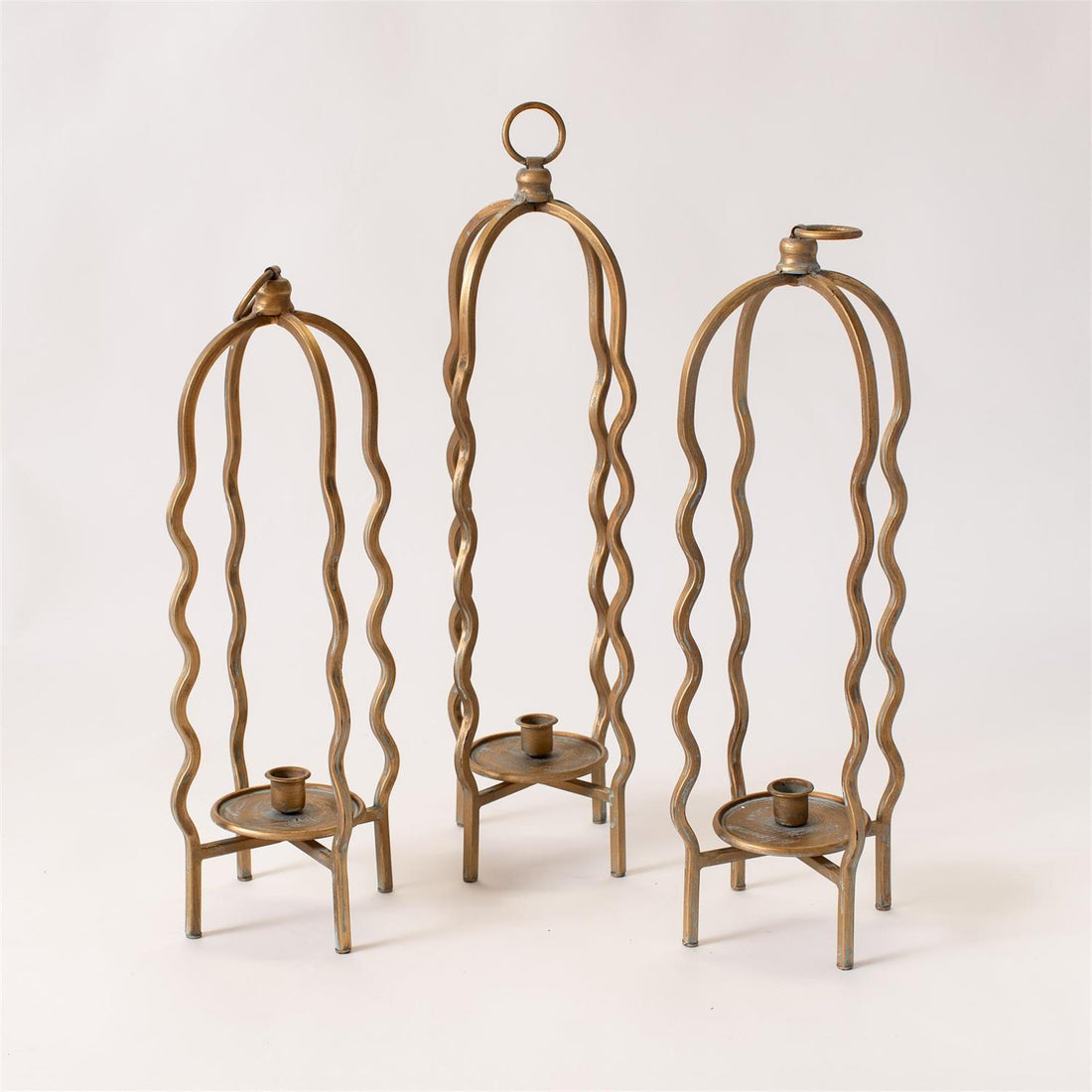 Candle Holder - Wavy Cage, Gold Finish (Set Of 3)