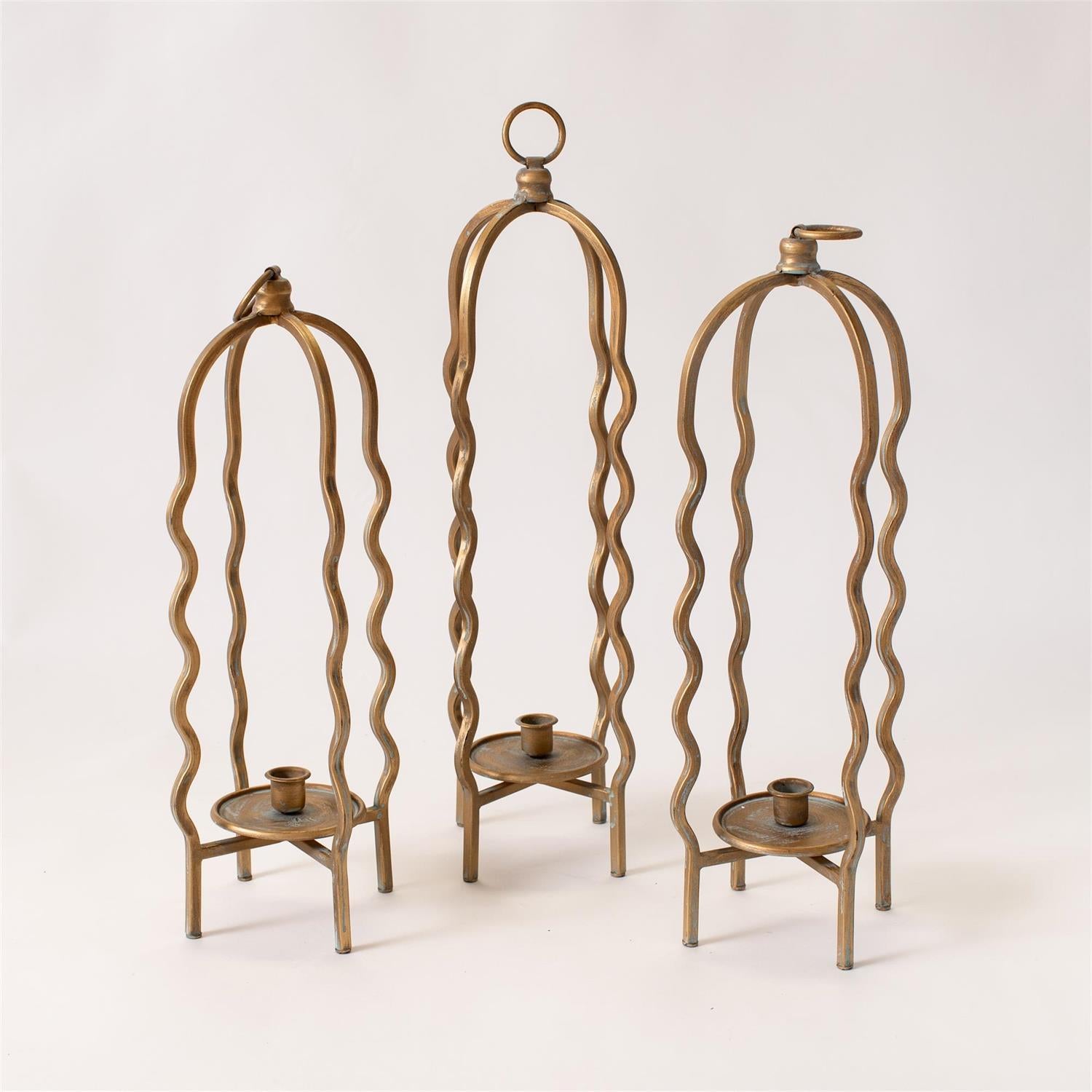 Candle Holder - Wavy Cage, Gold Finish (Set Of 3)
