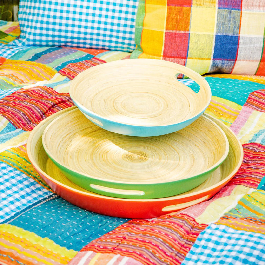 Trays - Round Multi Color Spun Bamboo (Set Of 3)