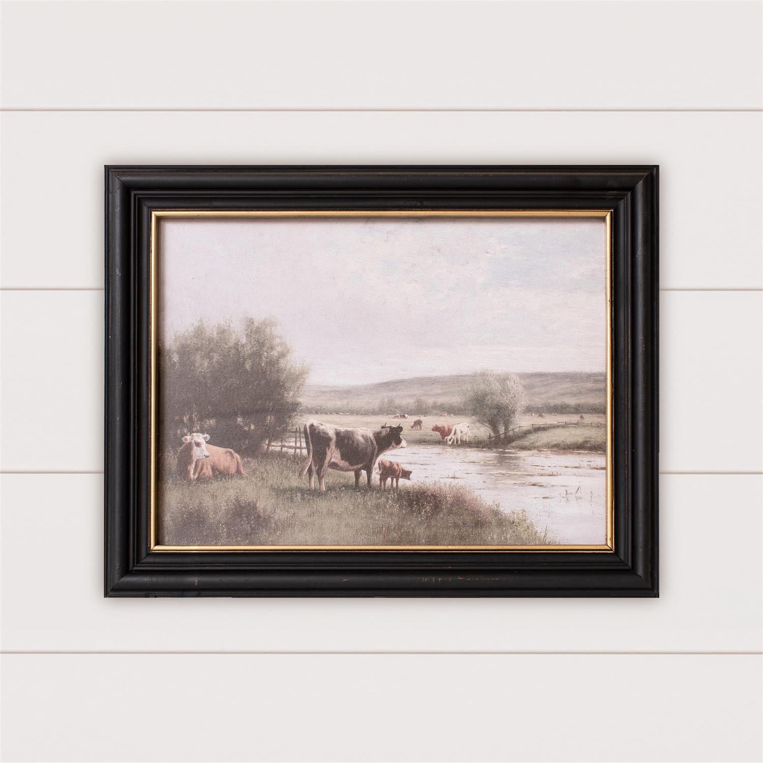 Framed Print - Cattle Grazing By The River, Black Frame