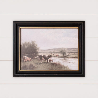 Framed Print - Cattle Grazing By The River, Black Frame