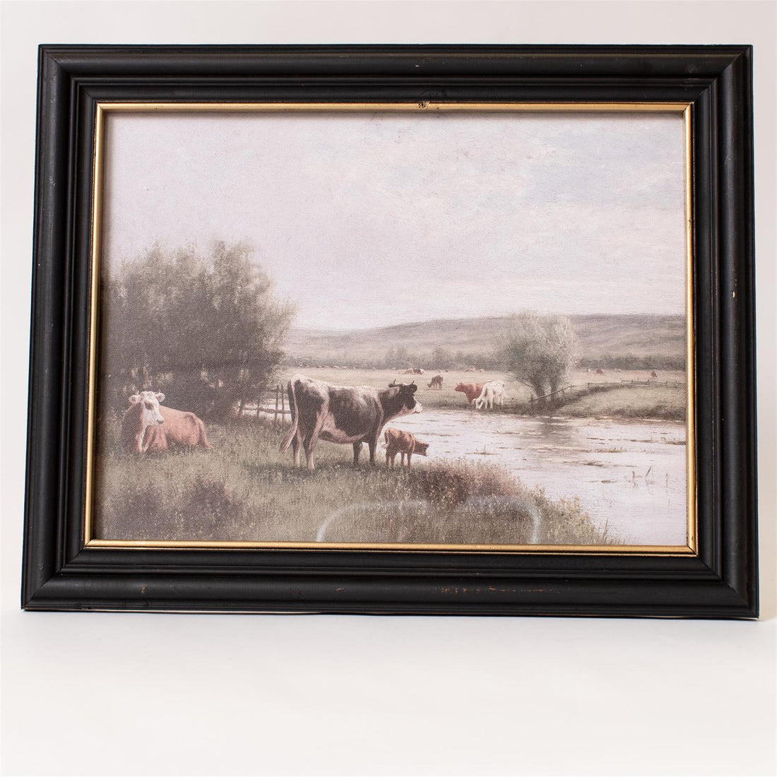 Framed Print - Cattle Grazing By The River, Black Frame