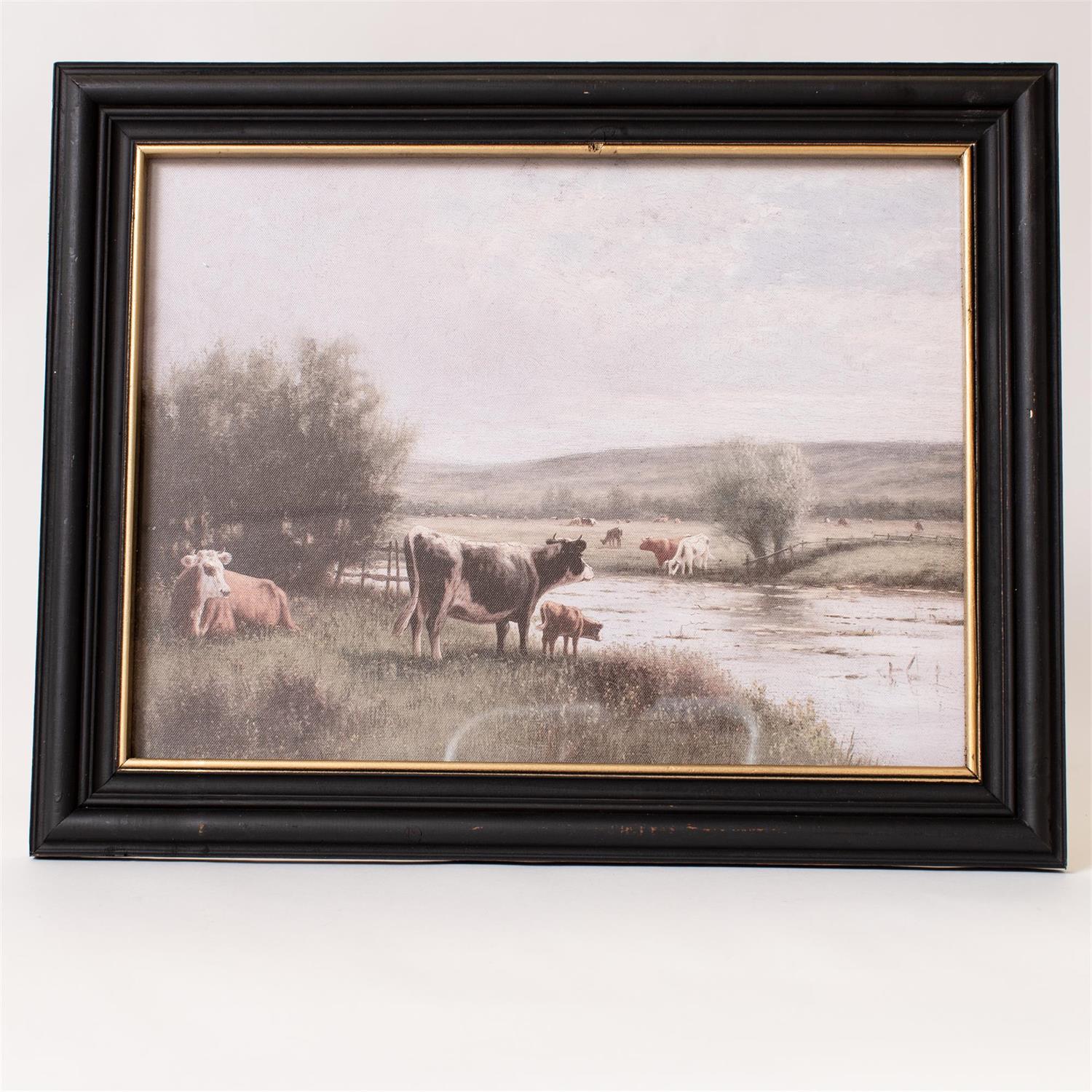 Framed Print - Cattle Grazing By The River, Black Frame