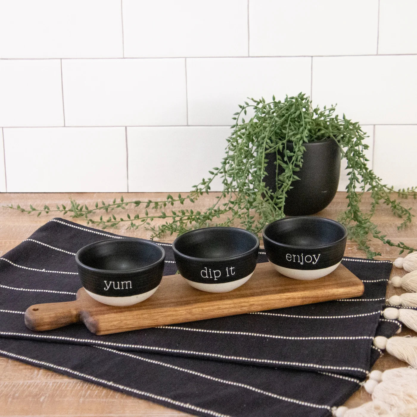 Wood Serving Tray With Stoneware Dip Bowls