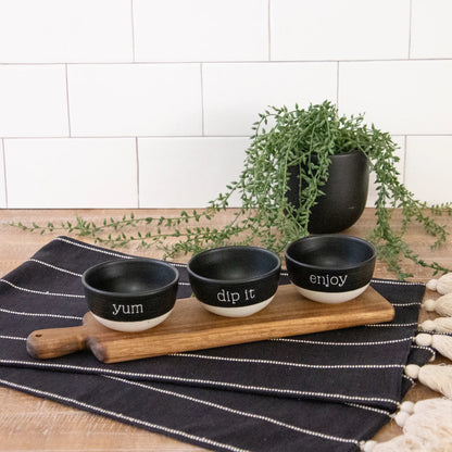 Wood Serving Tray With Stoneware Dip Bowls