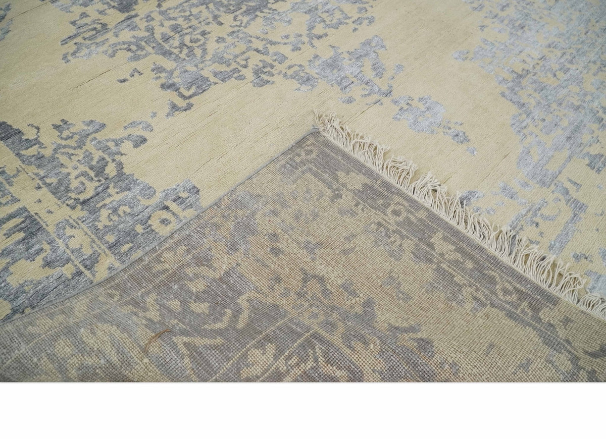 8x10 Beige, Charcoal and Silver Traditional Medallion Hand Knotted Wool and Bamboo Silk Area Rug