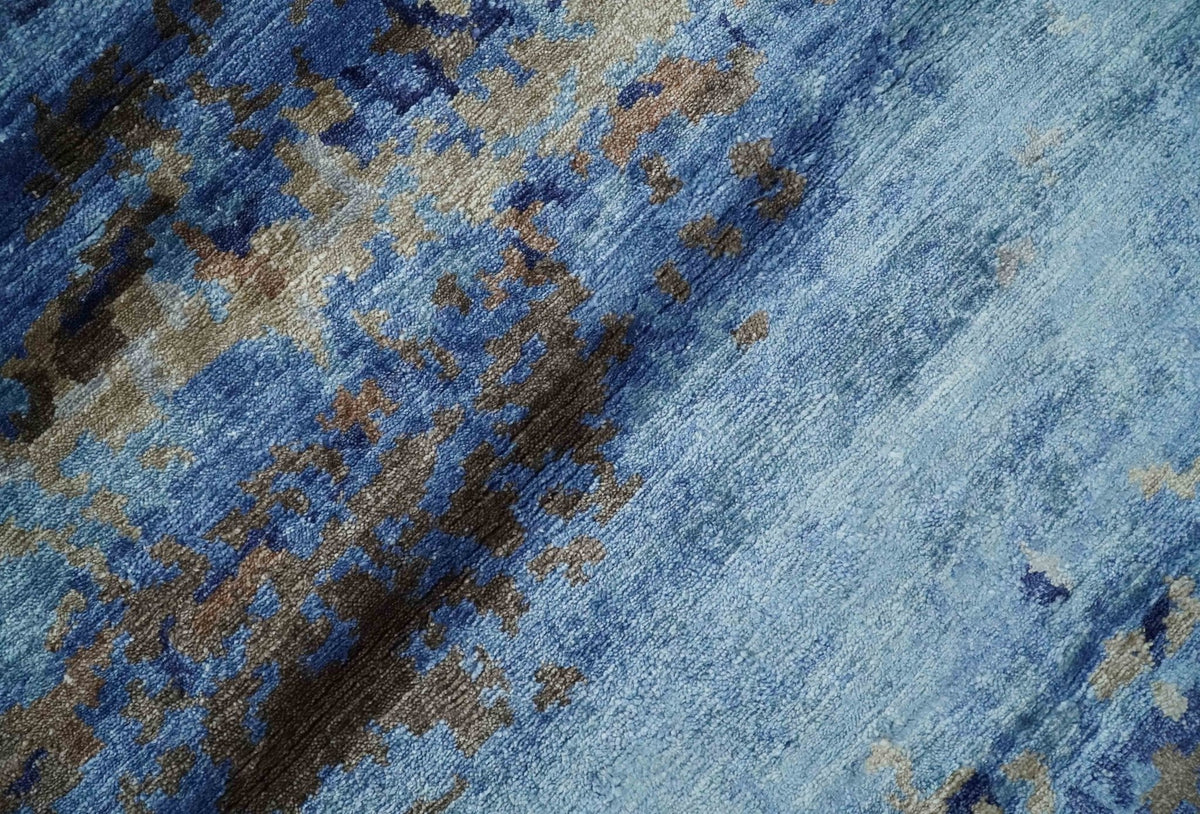 8x10 Blue, Beige and Brown Modern Abstract Hand Knotted wool and bamboo Silk Area Rug