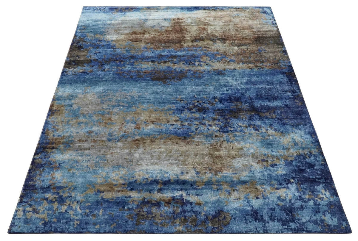 8x10 Blue, Beige and Brown Modern Abstract Hand Knotted wool and bamboo Silk Area Rug