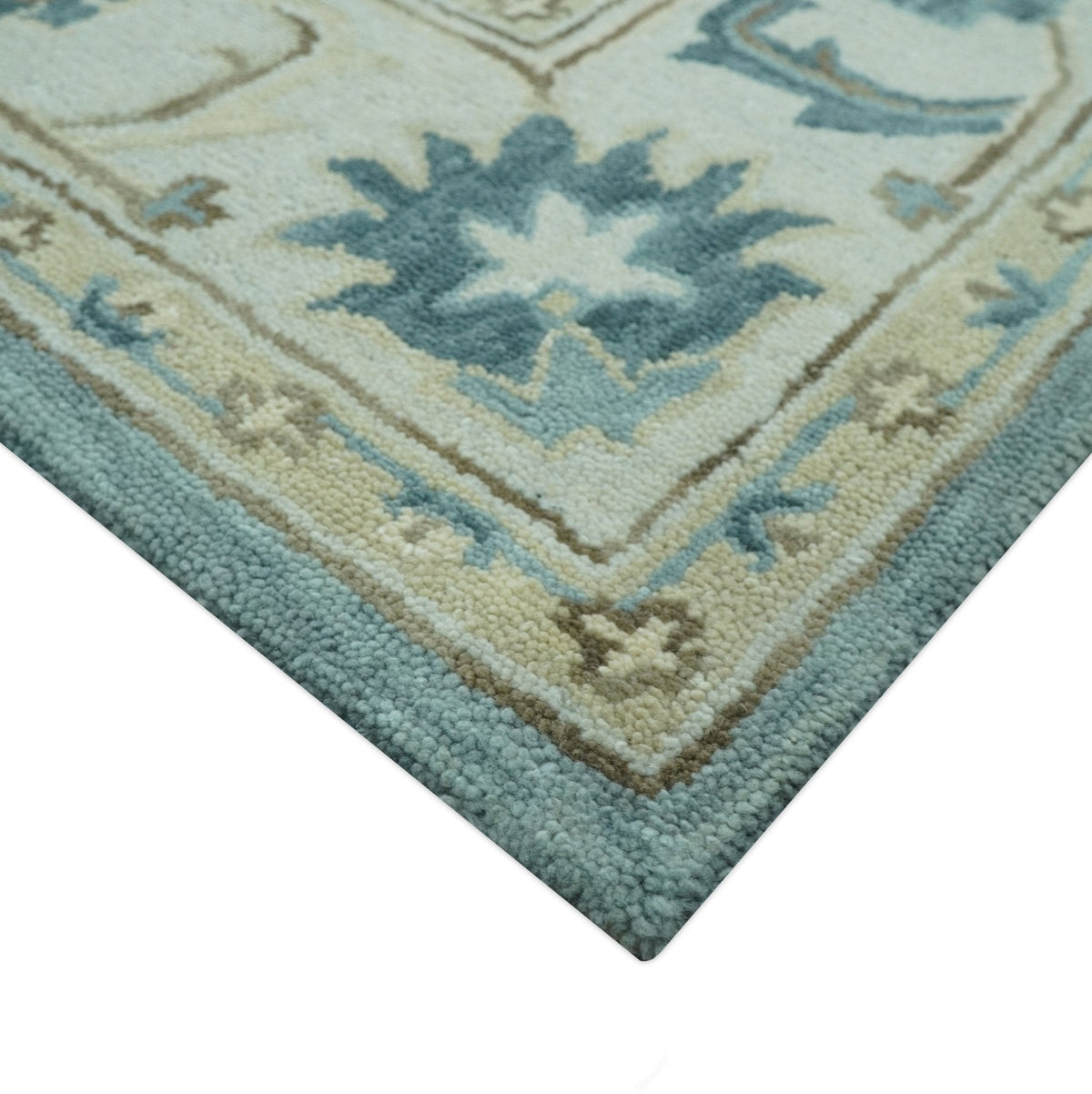 8x10 Blue, Ivory and Beige Hand Tufted Oriental Oushak wool area rug