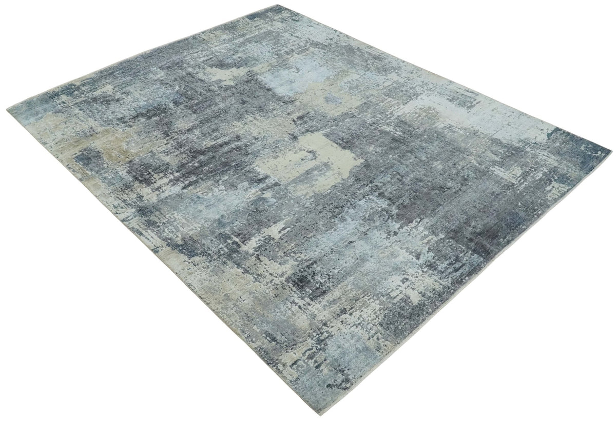 8x10 Charcoal, Beige and Gray Modern Abstract Distressed Finish High Low texture Hand Knotted Rug