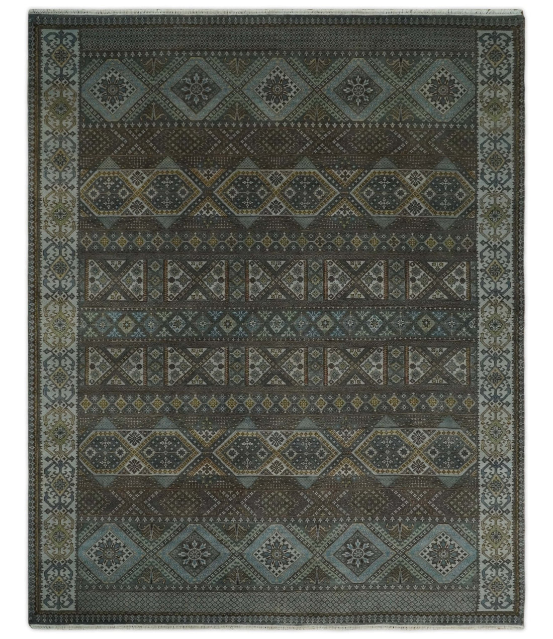 8x10 Fine Hand Knotted Brown and Blue Southwestern Traditional Antique Area Rug