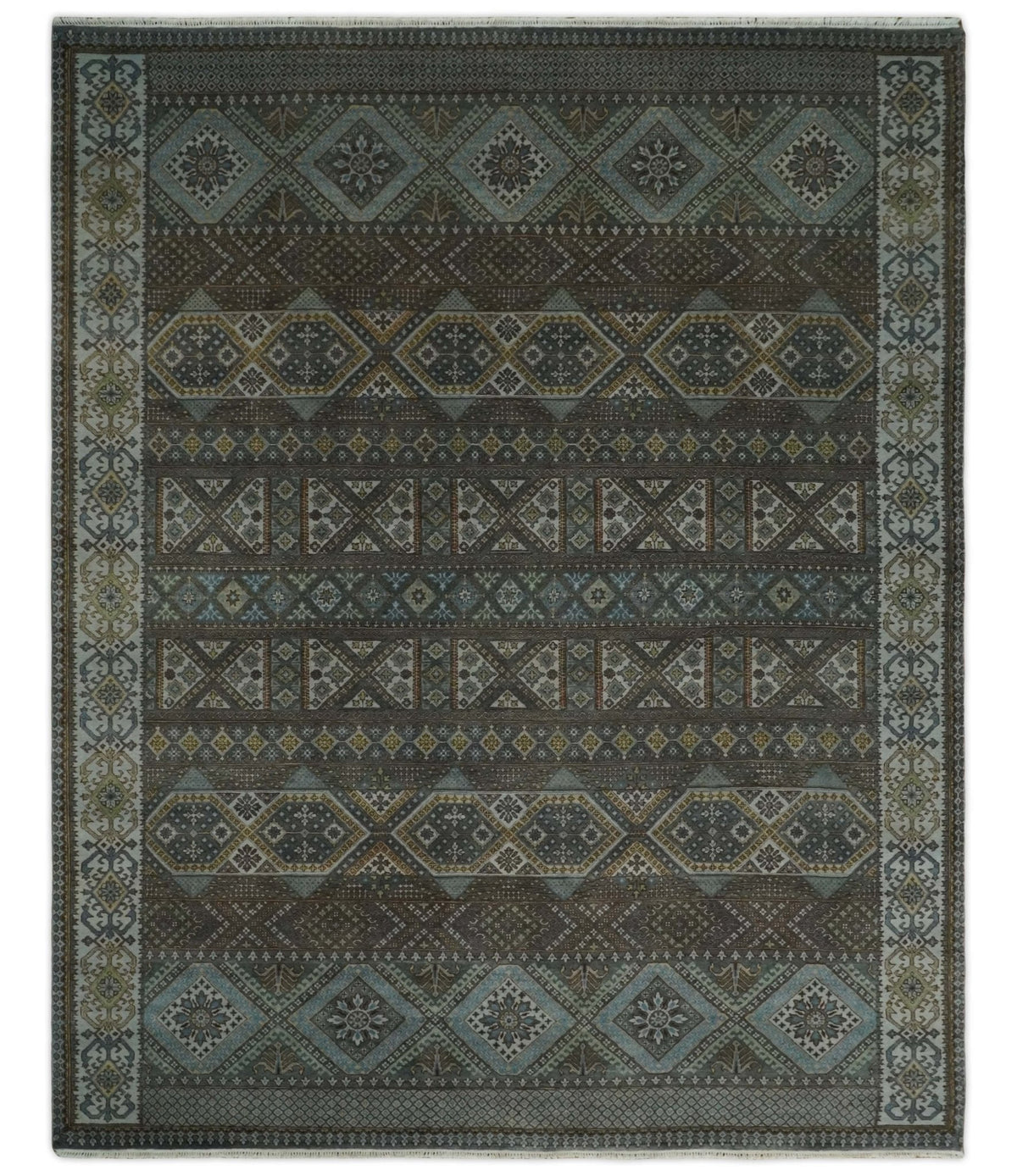 8x10 Fine Hand Knotted Brown and Blue Southwestern Traditional Antique Area Rug