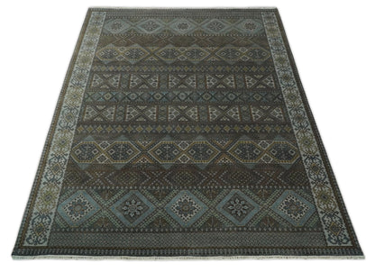 8x10 Fine Hand Knotted Brown and Blue Southwestern Traditional Antique Area Rug