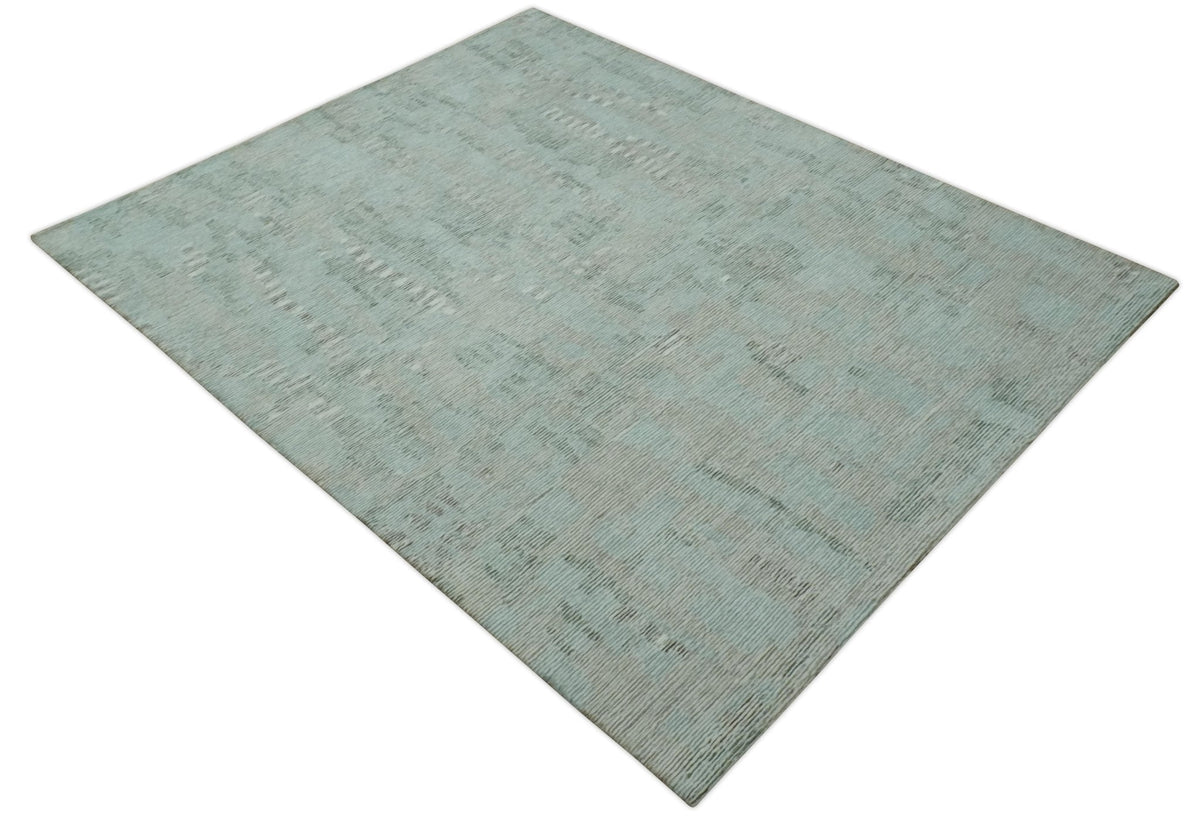 8x10 Modern Abstract Teal, Olive and Ivory Hand Tufted wool area rug
