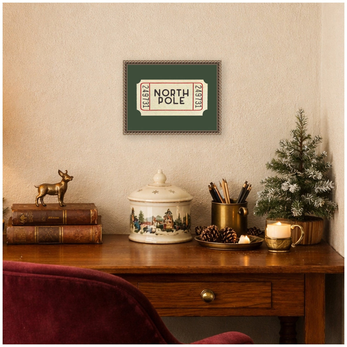 North Pole Green Ticket by Kikiandnim Framed Canvas Wall Art Print