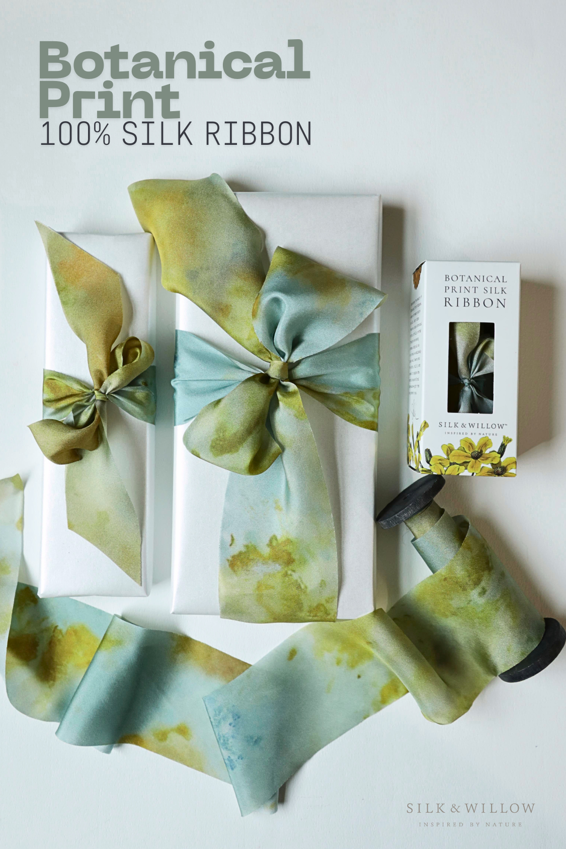 Teal Marigold Botanical Print Silk ribbon