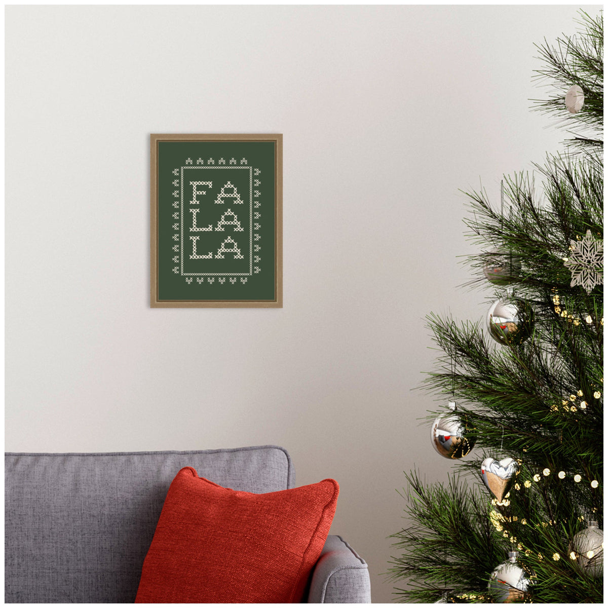 Fa La La Cross Stitch Green by Kikiandnim Framed Canvas Wall Art Print