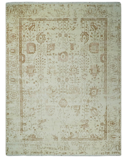 9x12 Fine Hand Knotted Beige and Brown Traditional Vintage Style Wool and Silk Rug