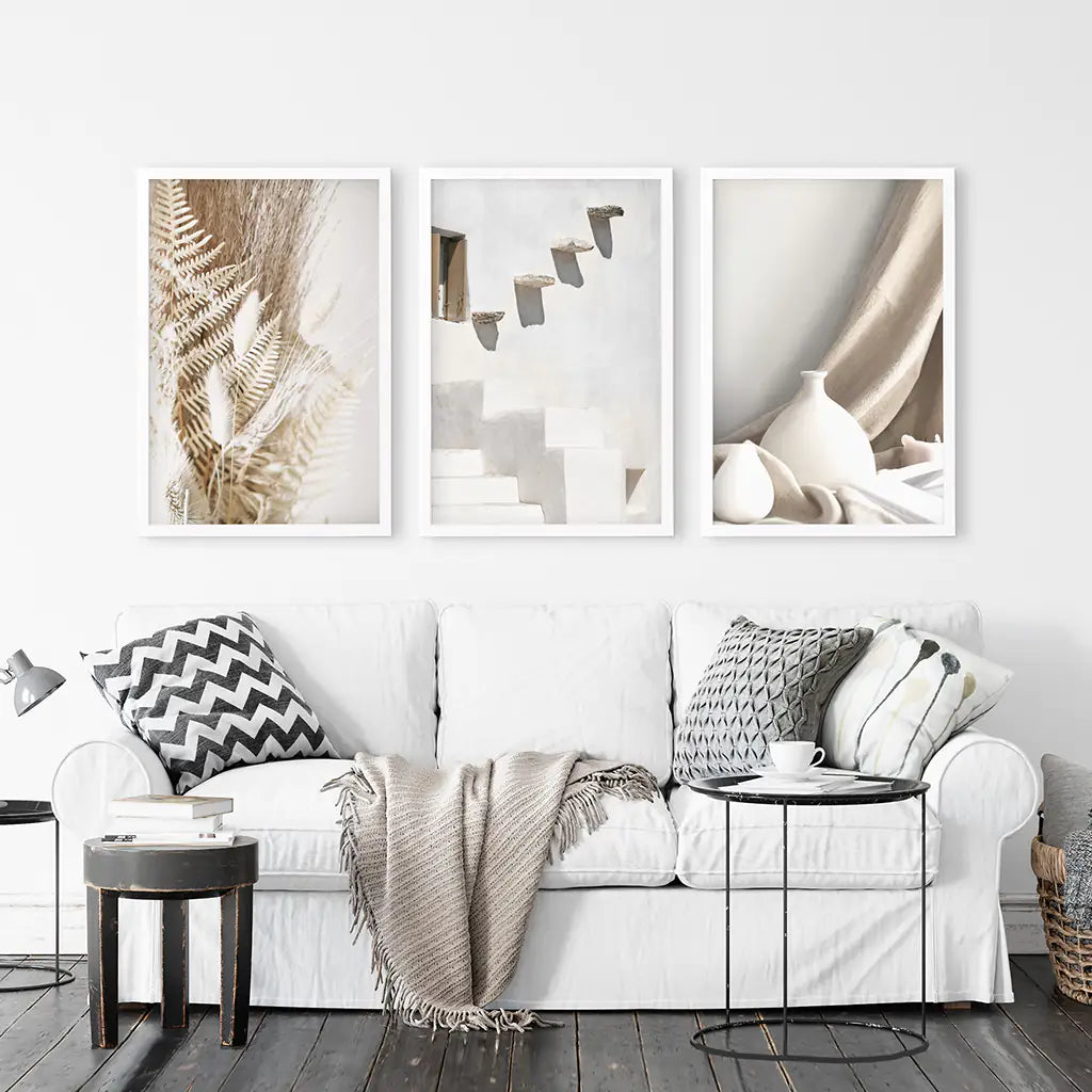 3 Pieces Neutral Boho Wall Art. Terracotta Vase and Stairs