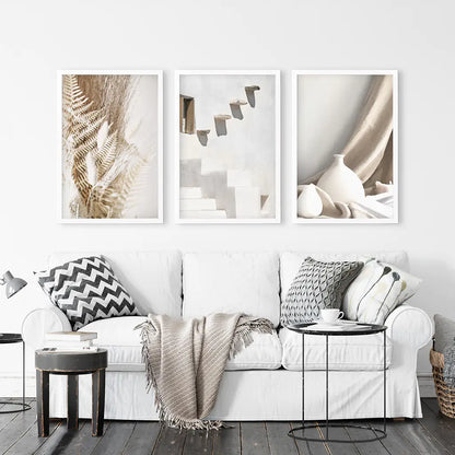3 Pieces Neutral Boho Wall Art. Terracotta Vase and Stairs
