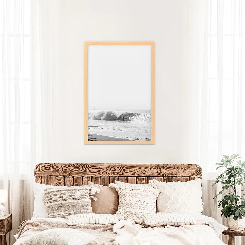 Black White Boho Tropical Wall Decor. Surfer, Waves