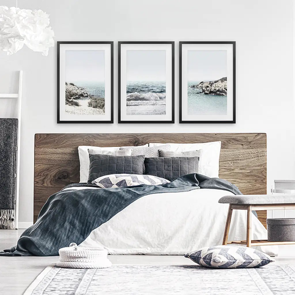 3 Piece Coastal Seascape Set. Blue Waves, Rocky Beach