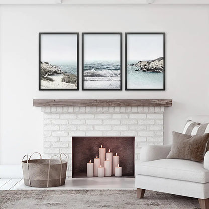 3 Piece Coastal Seascape Set. Blue Waves, Rocky Beach
