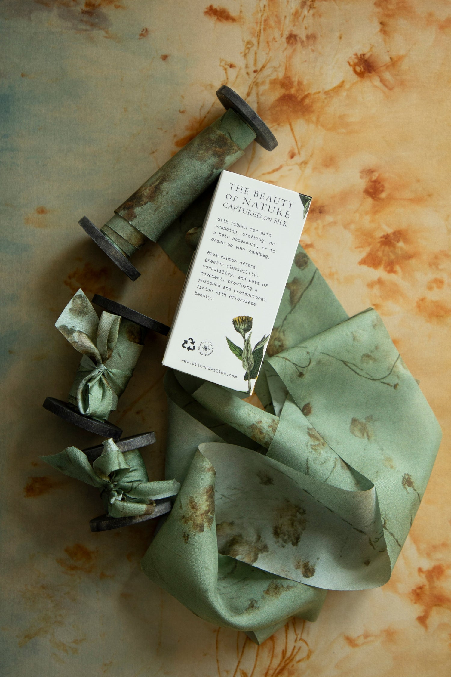Coreopsis Sage Botanical Print Silk ribbon