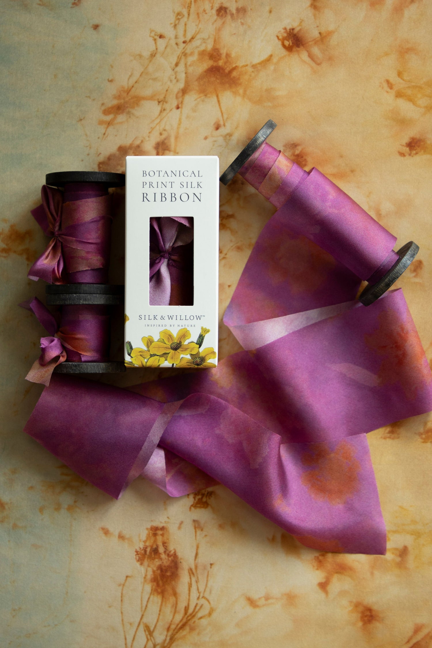 Hot Peony Botanical Print Silk Ribbon