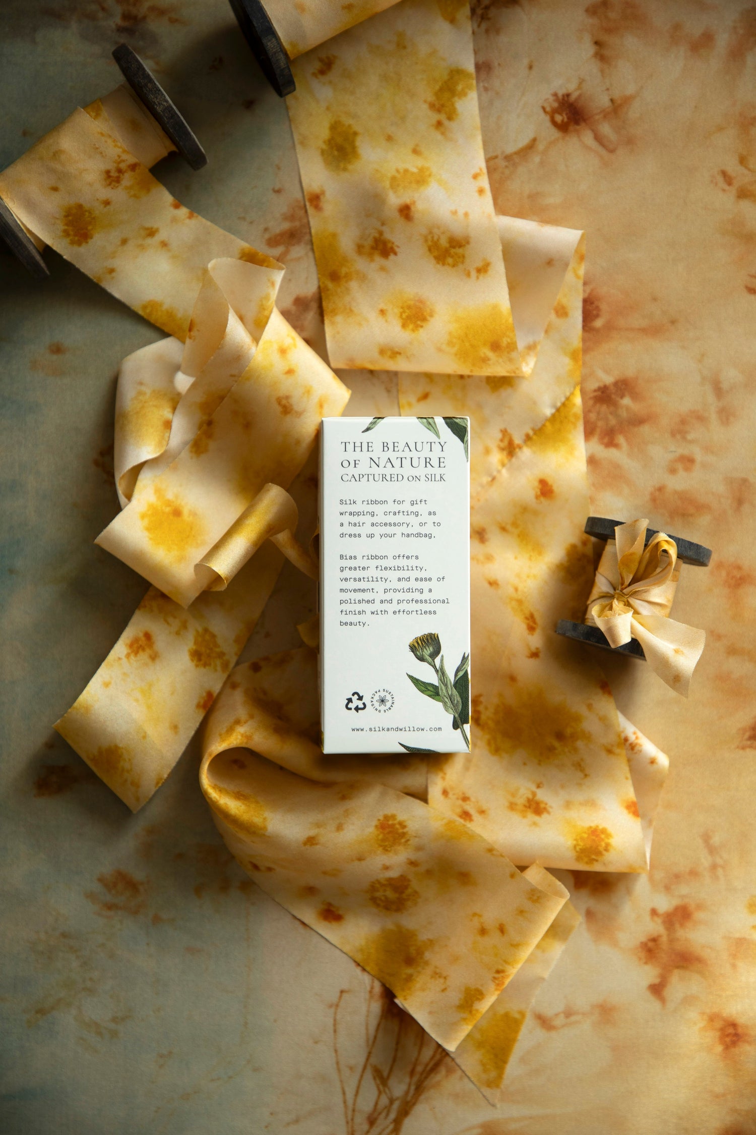 Marigold Yellow Botanical Print Silk Ribbon