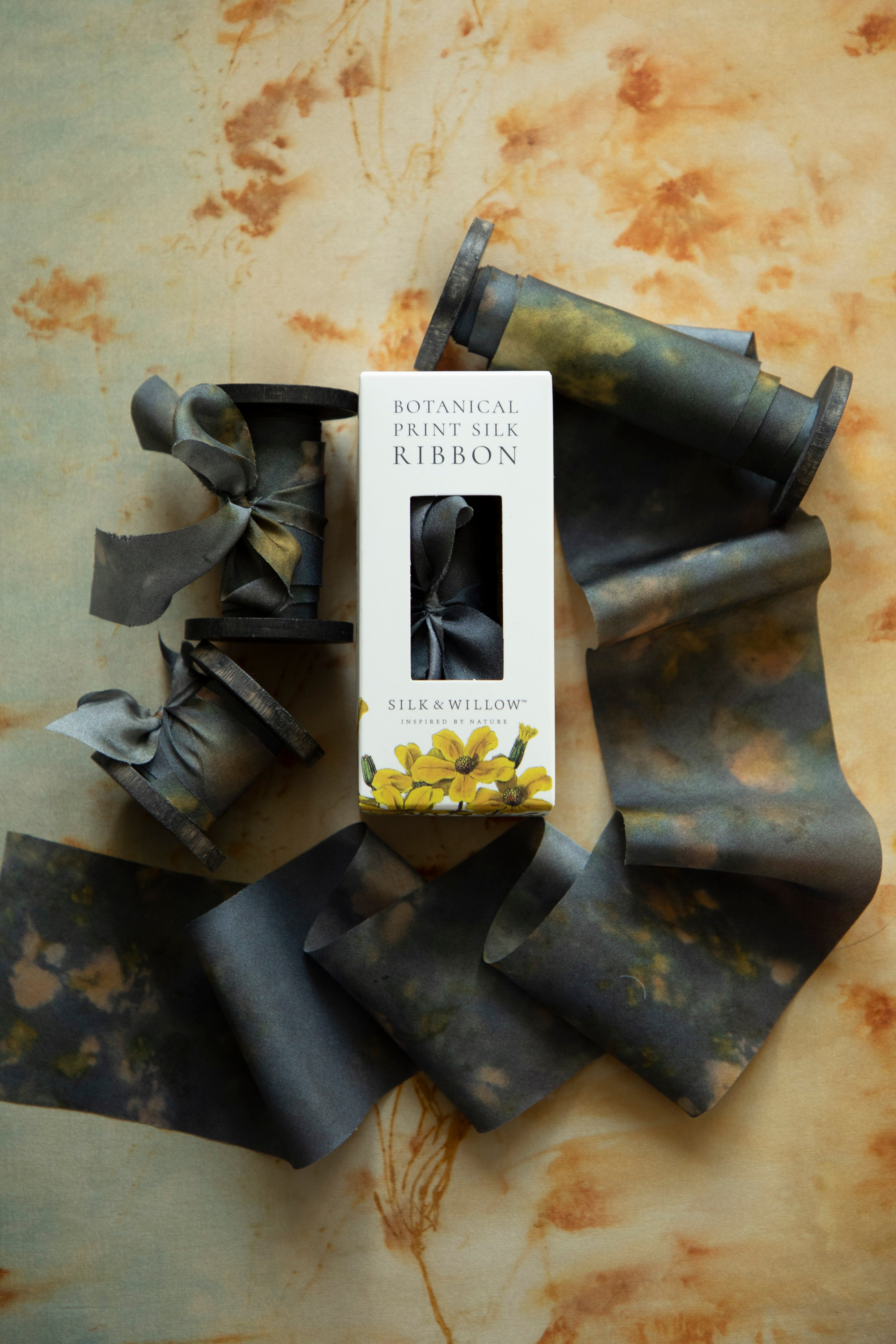 Midnight Botanical Print Silk ribbon