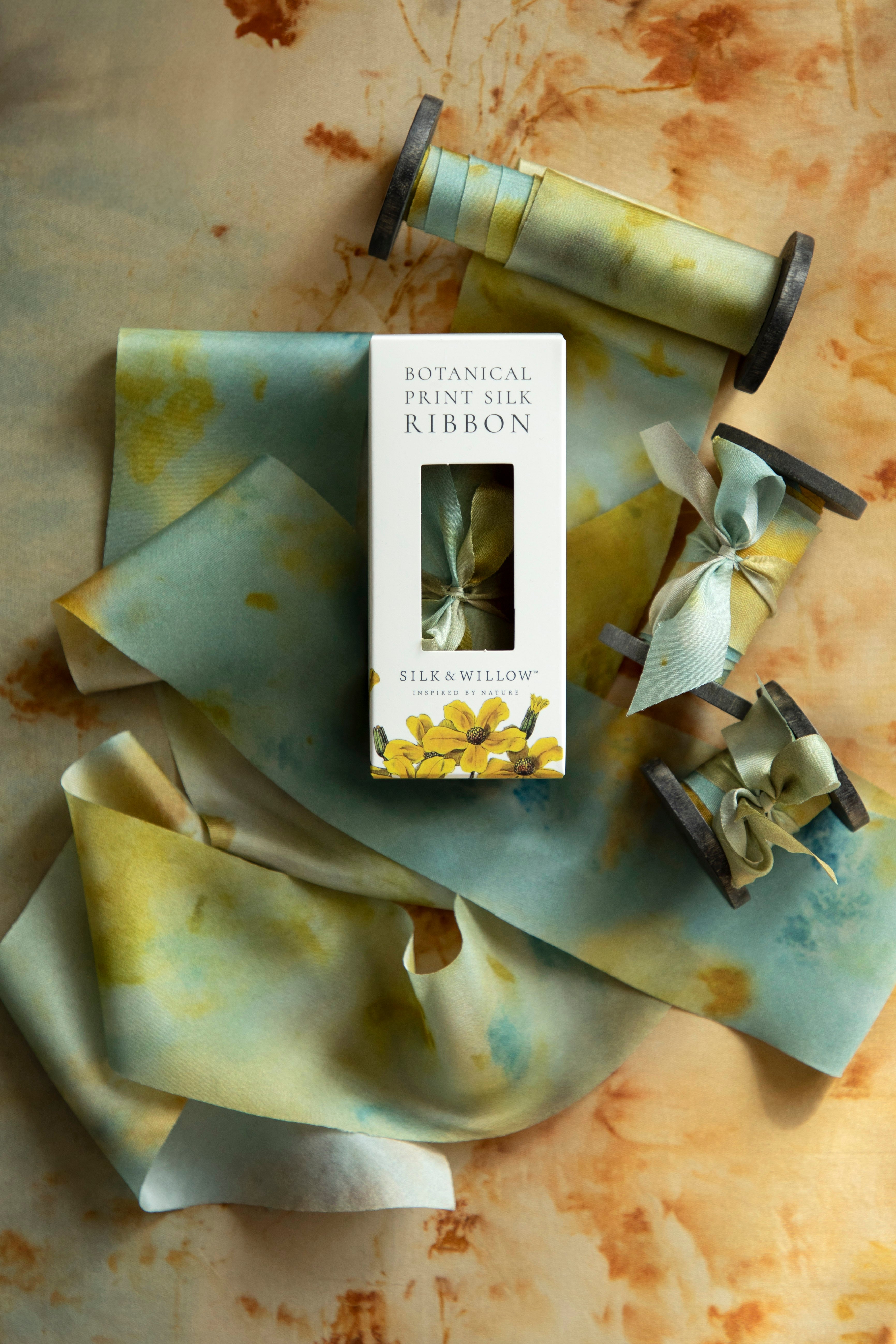 Teal Marigold Botanical Print Silk ribbon