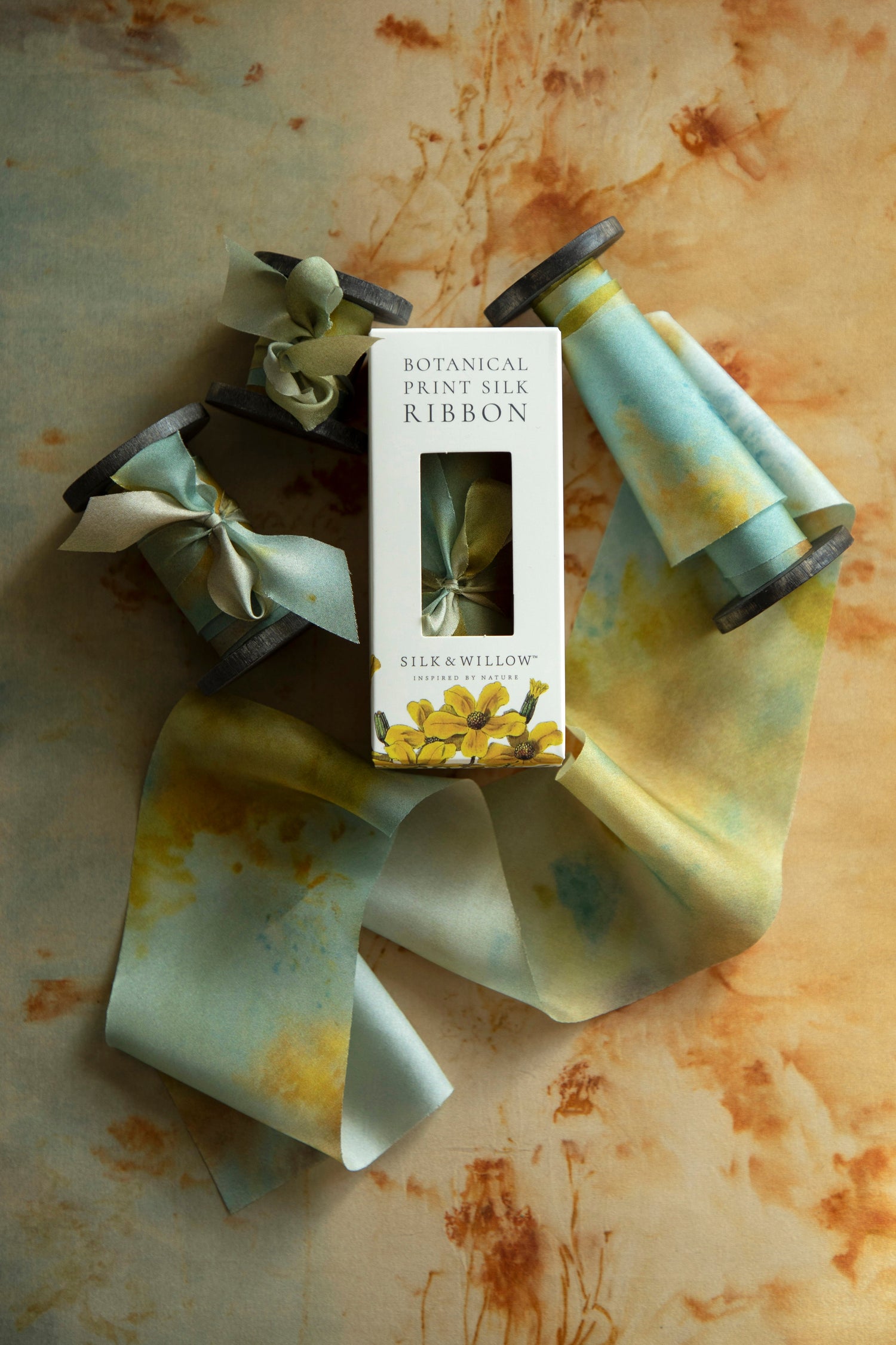 Teal Marigold Botanical Print Silk ribbon