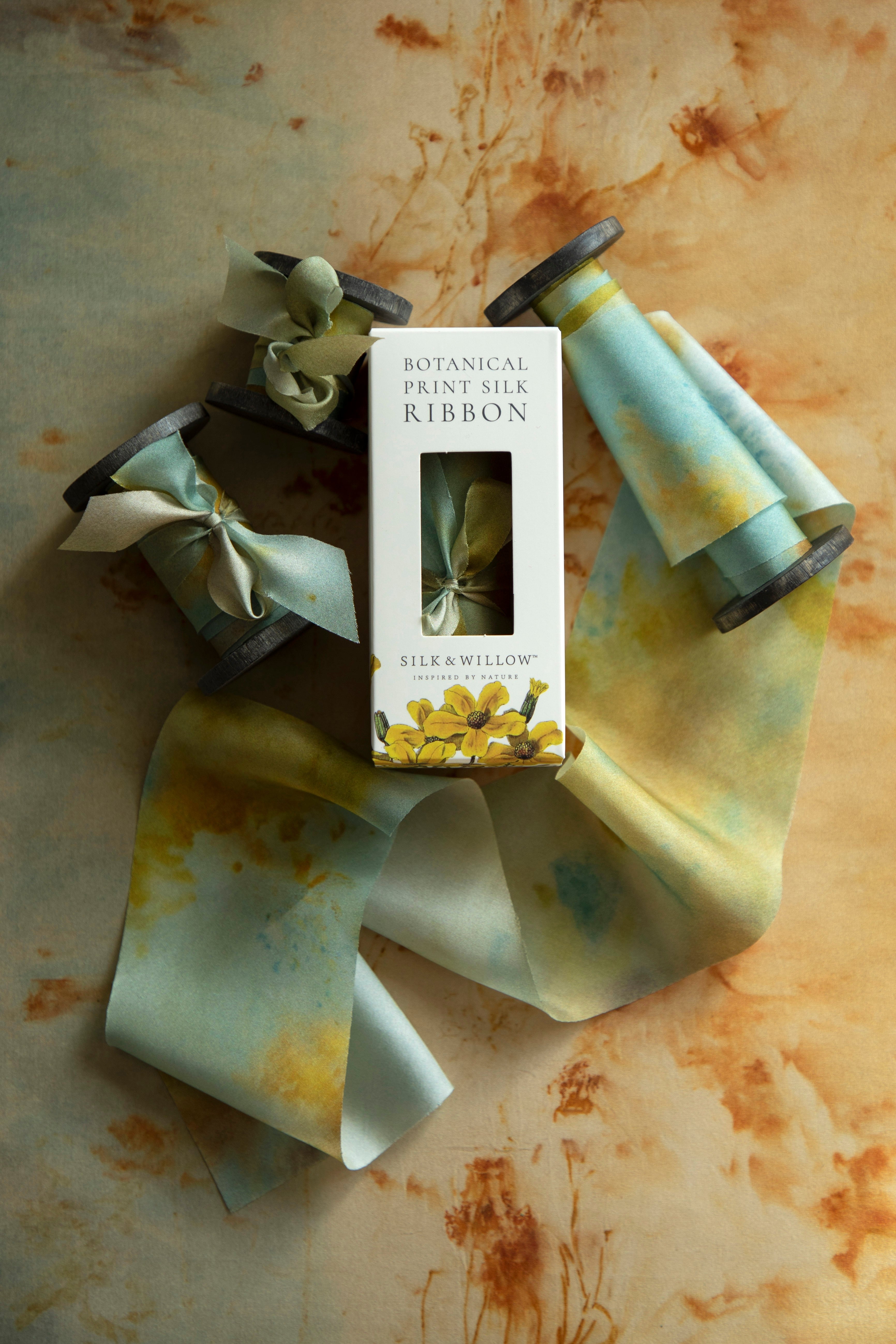 Teal Marigold Botanical Print Silk ribbon