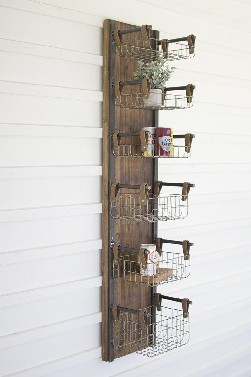 Recycled Wood &amp; Metal Wall Rack with Six Wire Storage Baskets