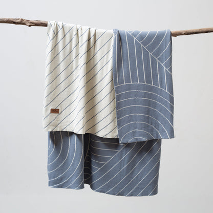 100% Cotton Knitted Throw - CloseUp in Lake and Cream
