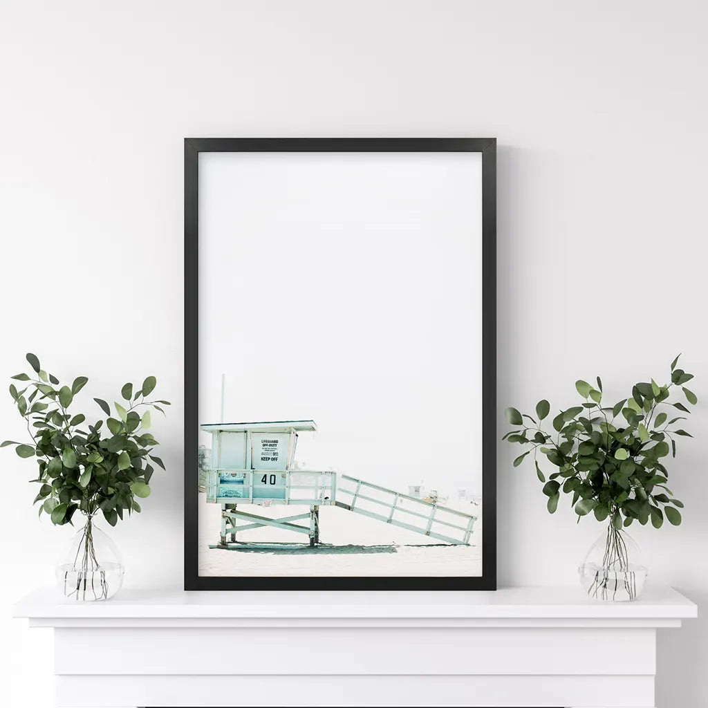 California Coastal Life Themed Print. Blue Lifeguard Hut
