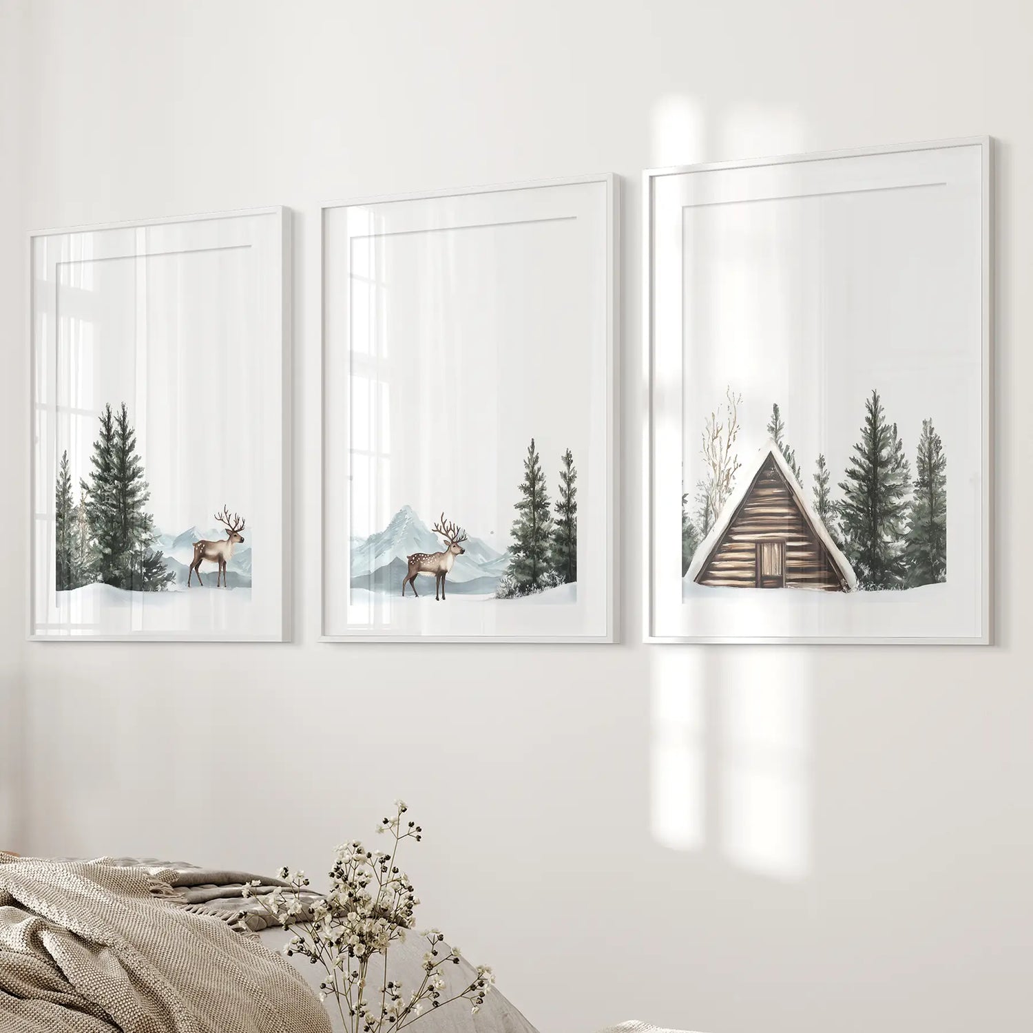 Rustic Cabin, Snowy Forest Prints. 3 Piece Winter Wall Art