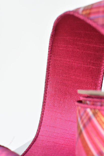 2.5" x 10yd Pink/Fuchsia/Red/Orange Plaid Dupioni Silk Ribbon